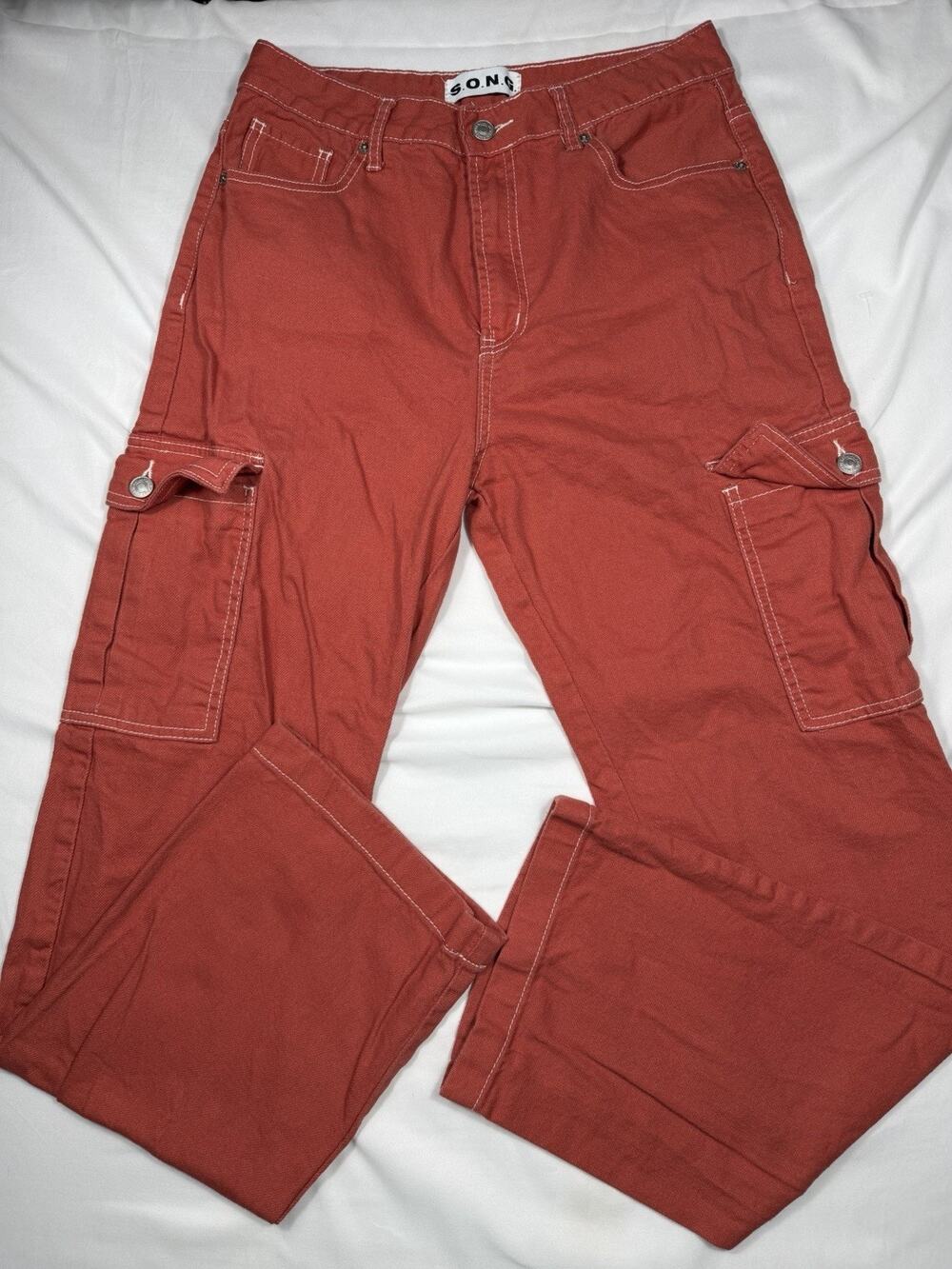 S.O.N.G. Y2K Burnt Orange Cargo Jeans Contrast Stitching Utility Straight